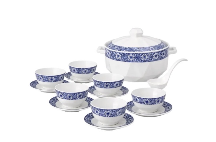 Service à soupe 15 pièces au motif Royal bleu et doré
