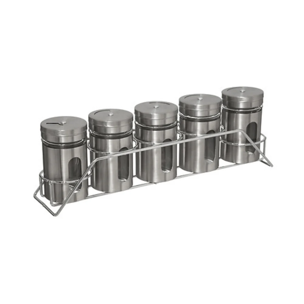 Rack à 5 pots à épices en inox gris 9,3 × 6,4 × 28,4 cm
