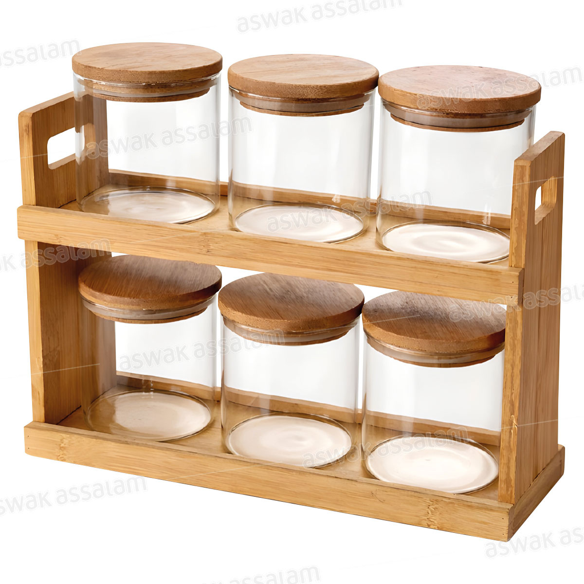 ENSEMBLE 6 BOCAUX A EPICES EN VERRE AVEC COUVERCLE ET SUPPORT