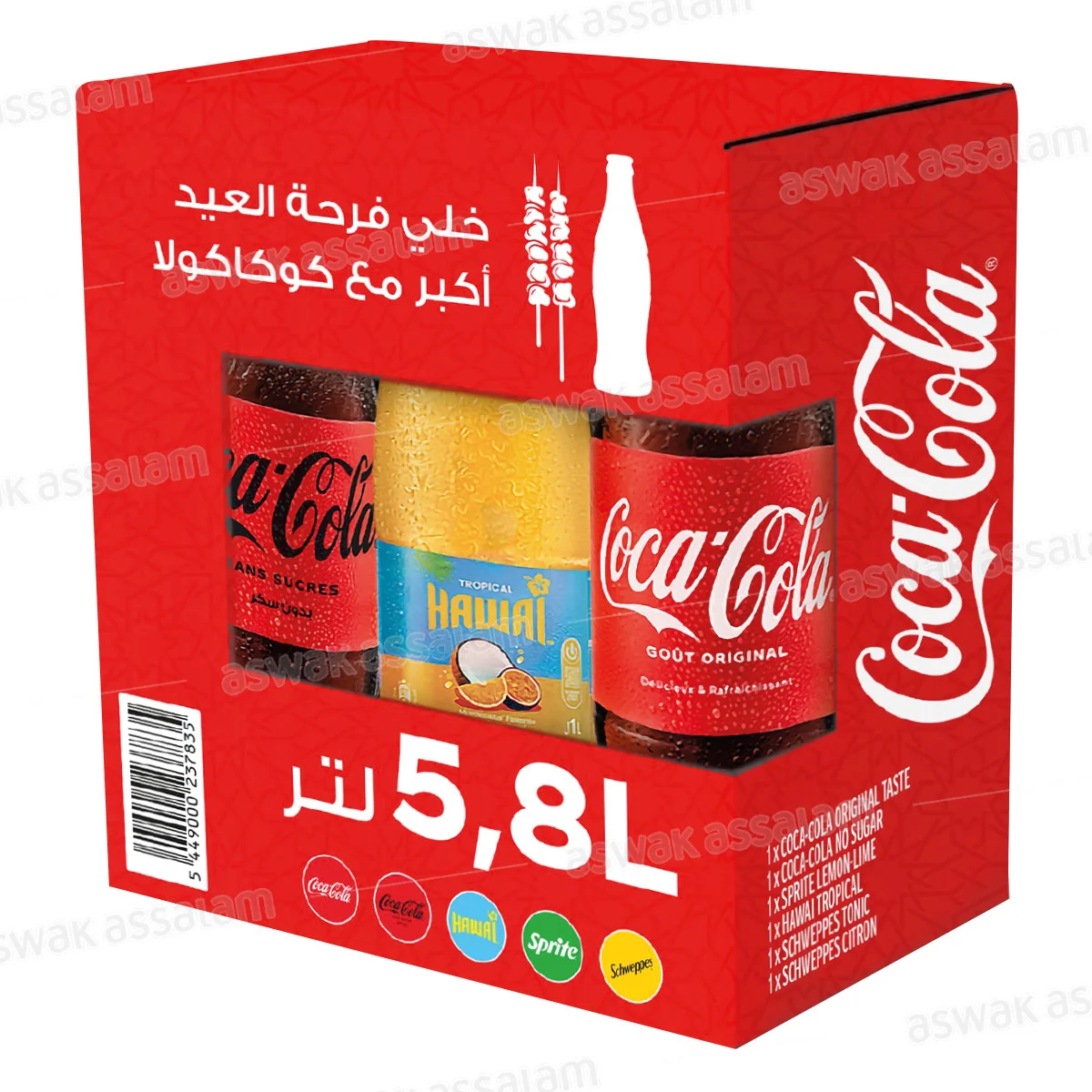 PACK MIXTE DE 6 BOISSONS GAZEUSES 5,8L HAWAI-COCA COLA-SPRITE-SCHWEPPES