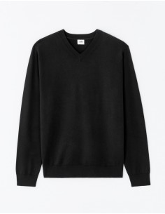 Pull Col V uni en maille fine - BLACK