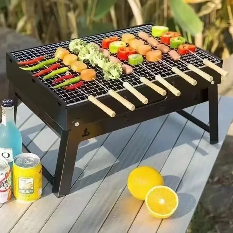 Barbecue portable au charbon de bois en acier inoxydable, petit kit d&rsquo;outils de barbecue, cuisine en plein air, camping, pique-nique, plage, barbecue portable