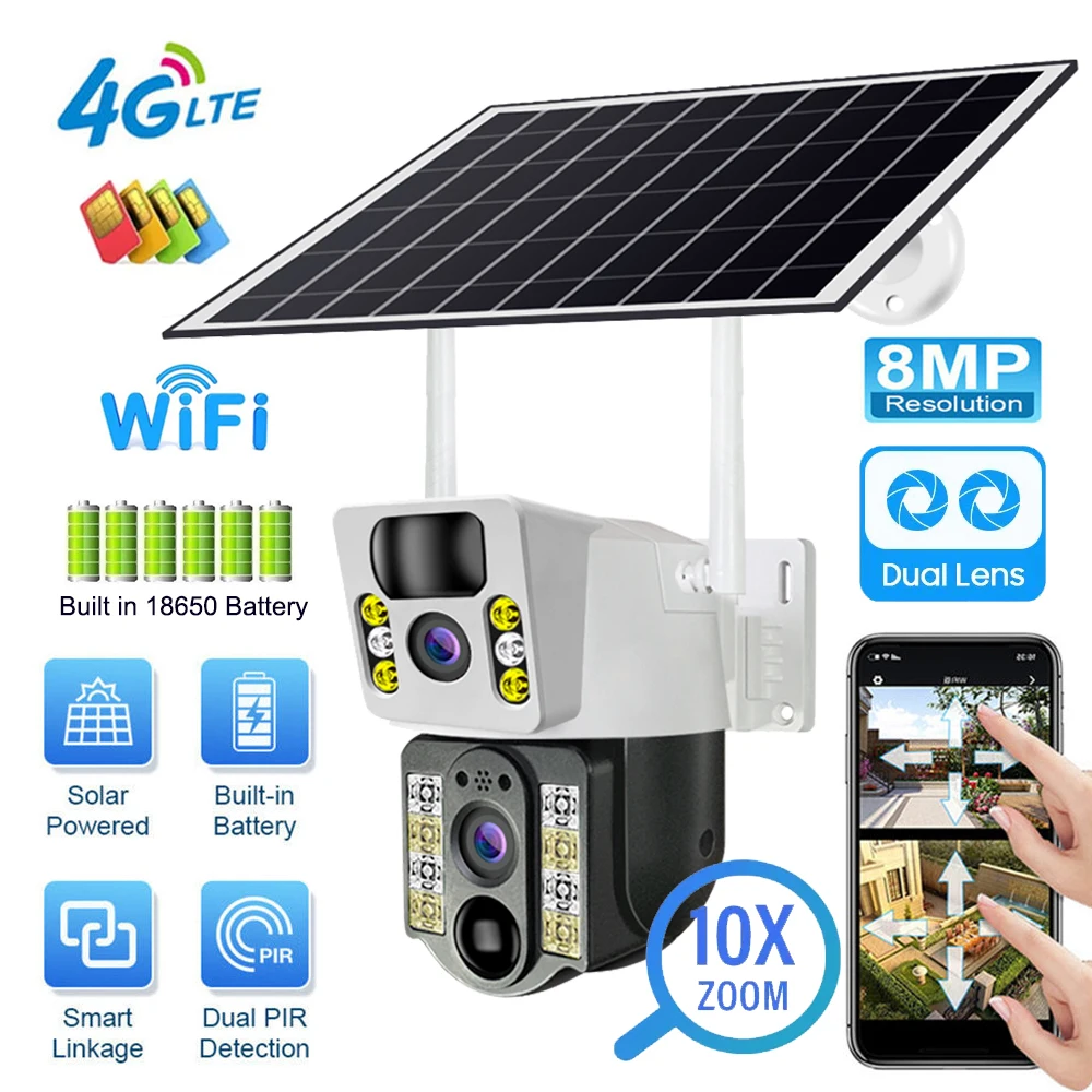 Caméra 4G solaire 10 MP FULL HD 1080P – Dual Lens – Night Vision Détection Alarme PIR