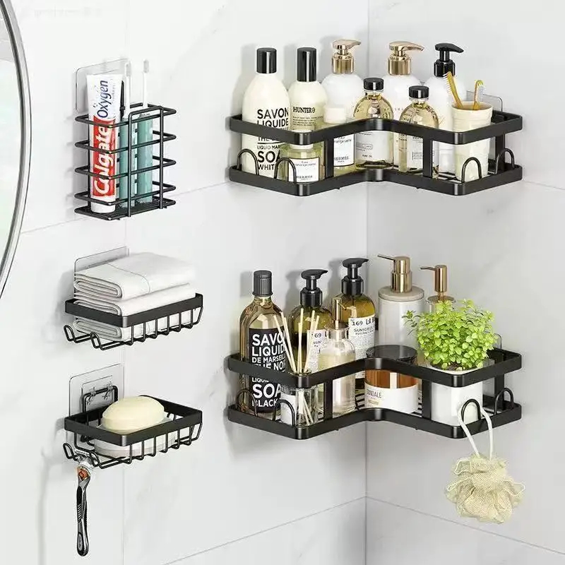 Étagère de rangement de salle de bain non perforée salle de bain cuisine trépied tasse dentaire savon serviette étagère de rangement murale