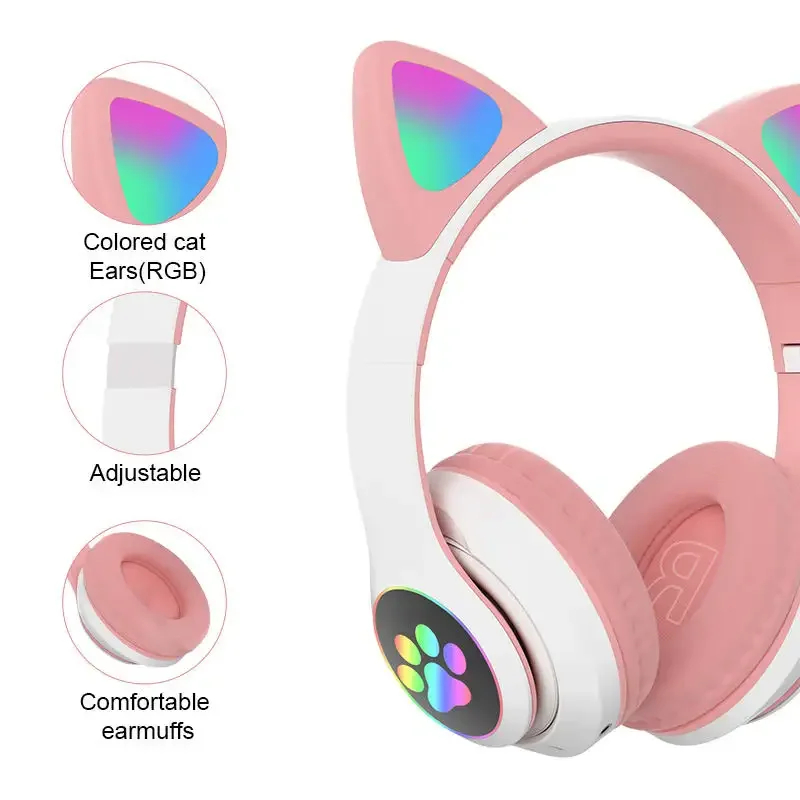 Casque audio sans fil de haute qualité STN28 LED avec oreilles de chat, réduction de bruit, pour adultes, enfants, filles, lumières, avec micro, carte TF, radio FM