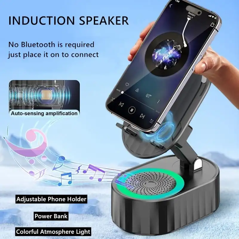 Support de téléphone portable amélioré – Rotation 360° avec haut-parleur à induction et batterie intégrée