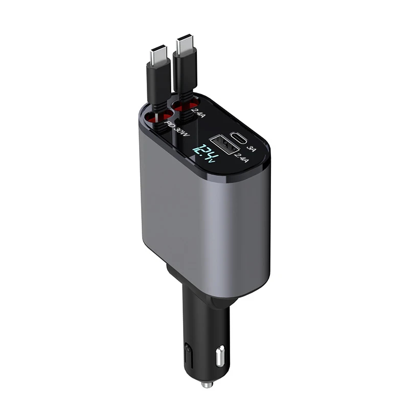 Chargeur de voiture rétractable rapide 4 en 1 Chargeur de voiture USB C Charge rapide 120W 2 câbles rétractables et port USB Adaptateur de chargeur de voiture
