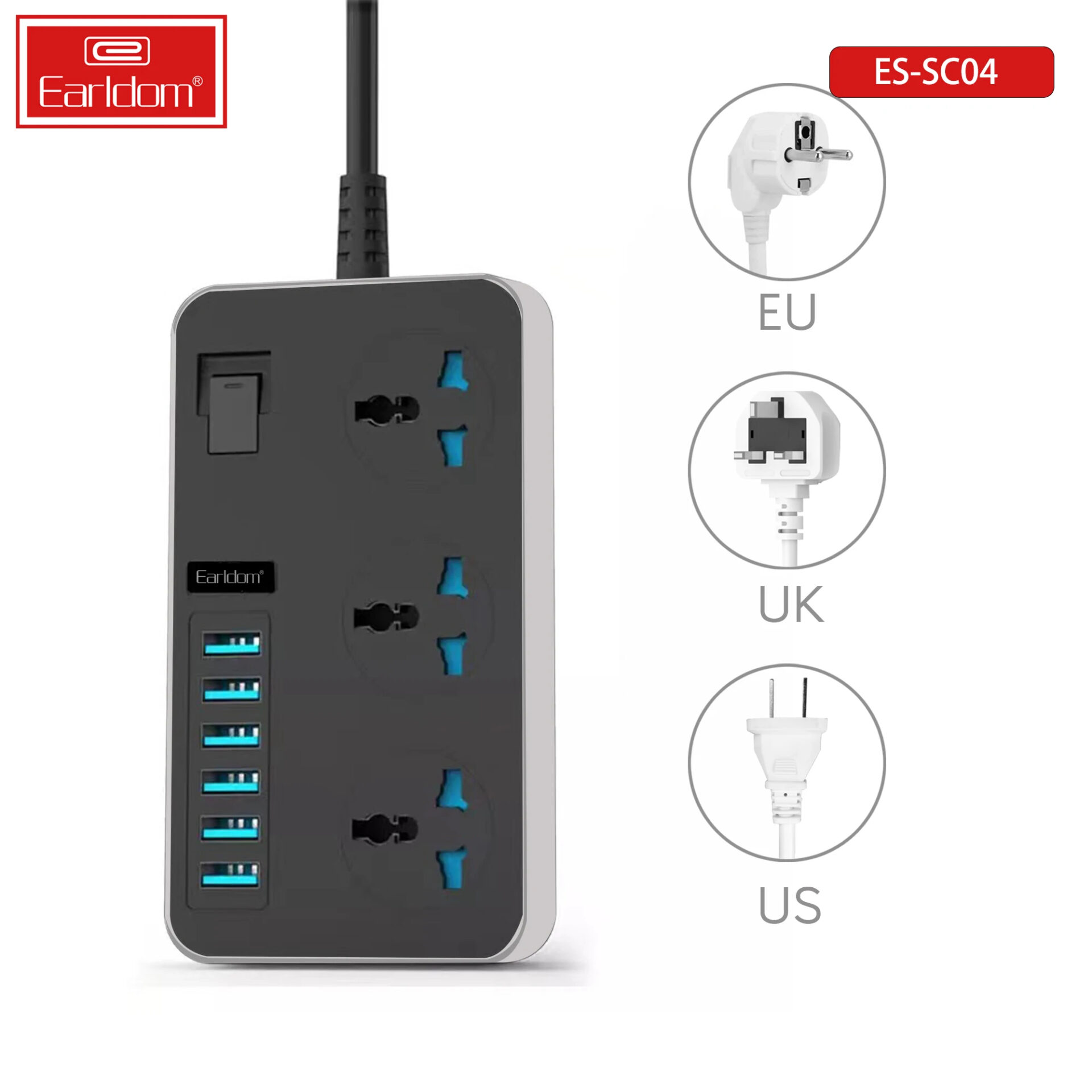 Smart Power Socket Plug UK EU US Type Usb Socket 3 AC 6 USB Quick Charging Extension Socket for Home, Office, Hotel