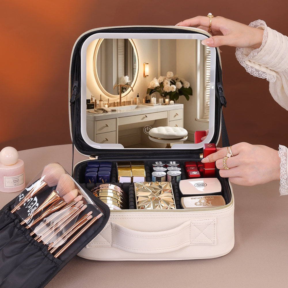 Trousse de Maquillage avec Lumière LED et Miroir, Boîte de Rangement Cosmétique Étanche en PU