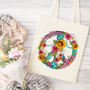Sac Fourre-Tout en Toile Vintage avec Motif Floral Paix & Amour - Grande Capacité, Sac à Main Durable pour Shopping, Voyage, Pique-Nique & Fête