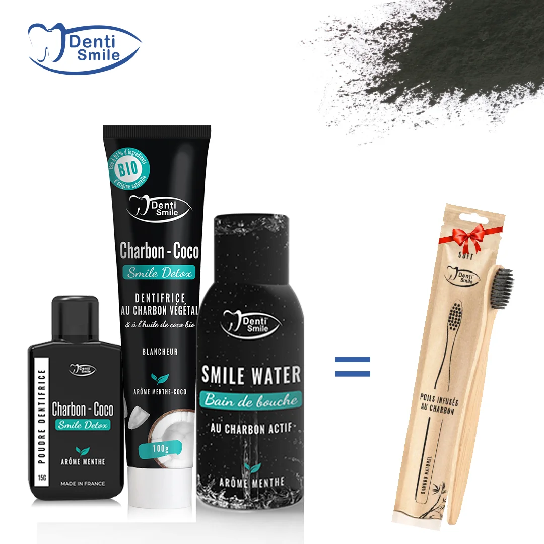 DENTISMILE Dentifrice Blancheur +Poudre de Blanchiment+ bain de bouche =Brosse à dents offerte